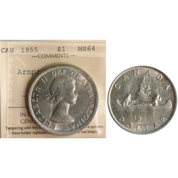 1955 $1 "Arnprior w/ DB" ICCS Very Choice Mint State-64.  Fully brilliant and lustrous with delicate