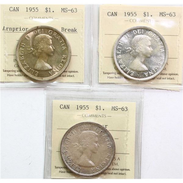 1955 $1, 1955 "Arnprior - No D/B", 1955 "Arnprior - with D/B" All 3 coins ICCS Choice Mint State-63.