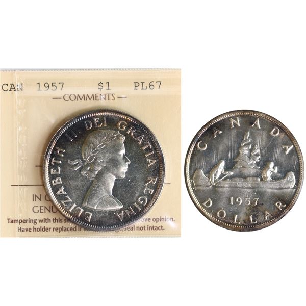 1957 $1 ICCS Superb Gem Proof-Like-67.  Nice mirror fields with peripheral tones..