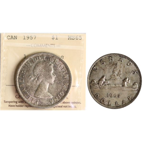 1957 $1 "1 WL" ICCS Gem Mint State-65 Light gold and russet tones over full underlying lustre.  Very