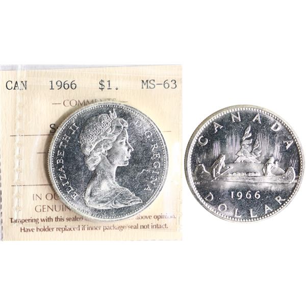 1966 $1 " Small Beads" ICCS Choice Mint State-63. A premium quality example. The coin is fully struc