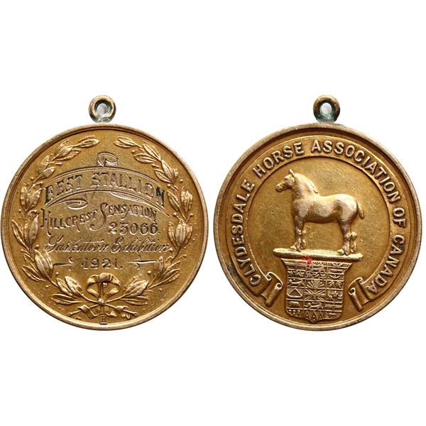 Medal; Canadian Gold Medal 1921 Saskatoon Exhibition  -  Clydesdale horse Association of Canada / "B