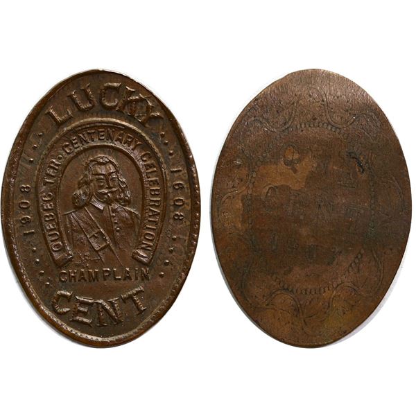 Souvenir token, Lucky cent from the 1908 Quebec tercenternary celebration struck on an elongated lar