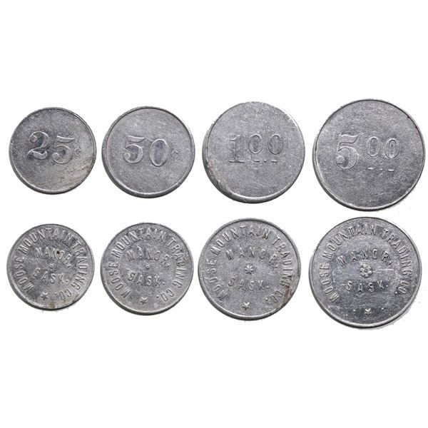 Trade Tokens;  Moose Mountain Trading Tokens 25¢, 50¢, $1 & $5 #2751b, d, e & f. examples.  Rare Set