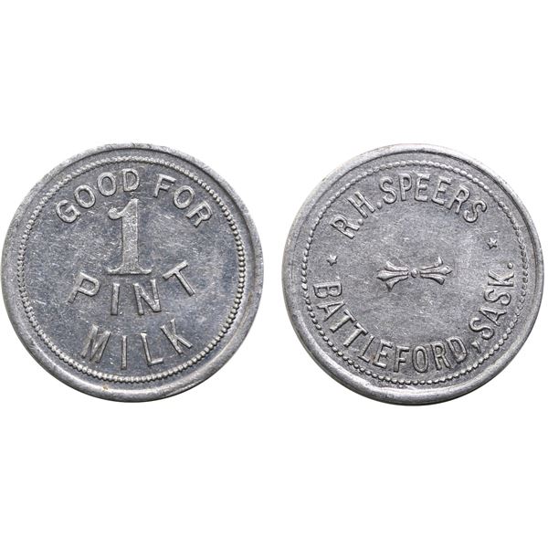 Trade Tokens;  Saskatchewan - #460p Battleford, SK - R.H. Speers - 1 Pint aluminum example.
