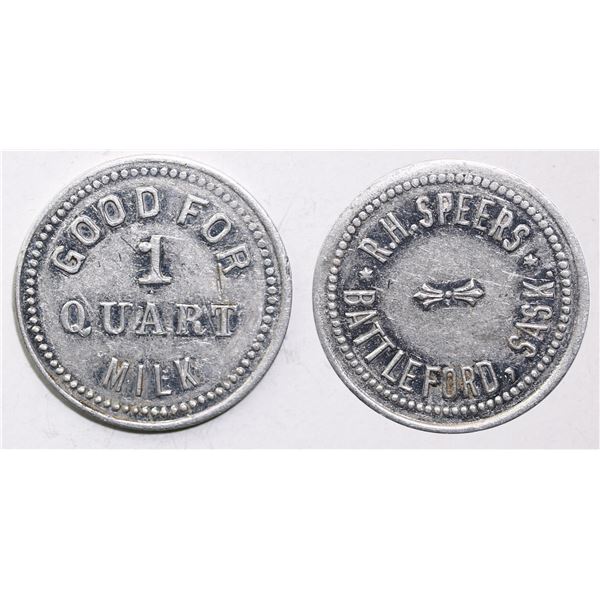Trade Tokens;  Saskatchewan - #460q Battleford, SK - R.H. Speers - Good For 1 Quart Milk aluminum ex