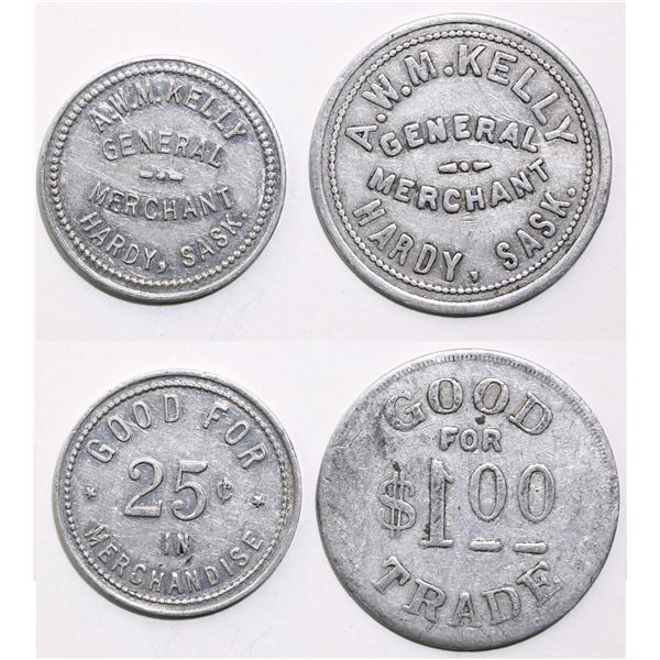 Trade Tokens;  Saskatchewan - #2075d & 2075f Hardy, SK - A.W.M. Kelly - Good For $1 Trade & 25¢ alum