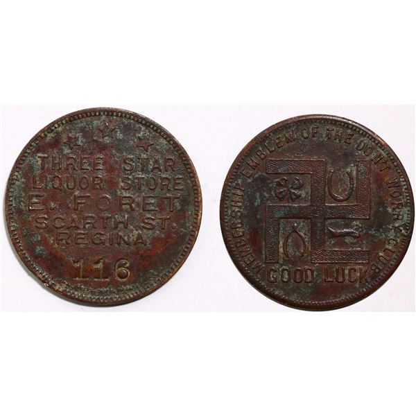 Trade Tokens;  Saskatchewan - #4940m Regina, SK - Three Star Liquour Store - Good Luck token.