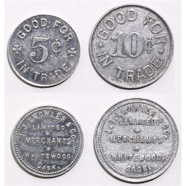 Trade Tokens;  Saskatchewan - #7220 & #7220H Whitewood, SK - J.J. Knowle & Co. - Good For 10¢ & 5¢ i