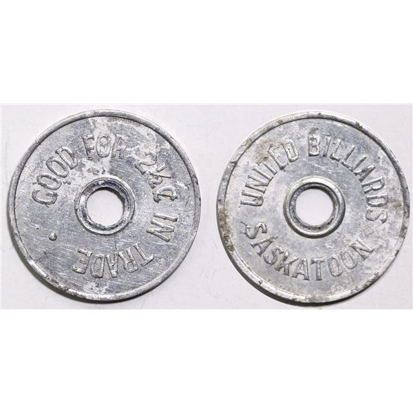 Trade Tokens;  Saskatchewan - #5760i Saskatoon, SK - United Billiards - Good For 2 1/2¢ in Trade alu