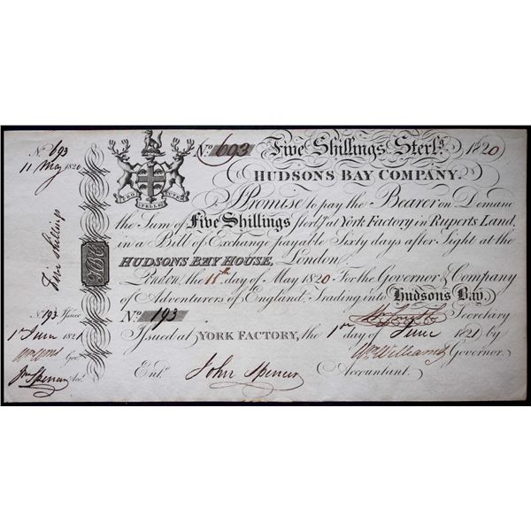Hudson's Bay Company;  1820 Five Shillings Note #193.  York Factory Issue. London Date: 11 May, 1820