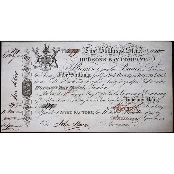 Hudson's Bay Company;  1820 Five Shillings Note #279.  York Factory Issue. London Date: 11 May, 1820