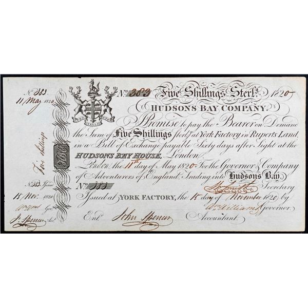62. Hudsons Bay Company Bill of Exchange Cat# MB10-10-04b-iR 5/-Shillings 1820 York Factory Ruperts 