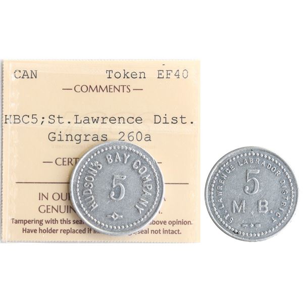 Hudson Bay Company; St. Lawrence Labrador District Token, 5 Made Beaver. Large letters variety. Ging