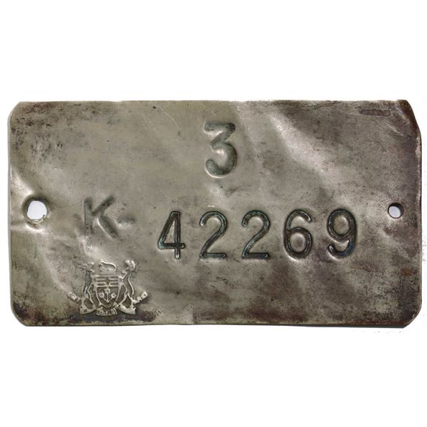 Hudson's Bay;  Aluminum Registration Plate 3 #K-42269.  See Pic.