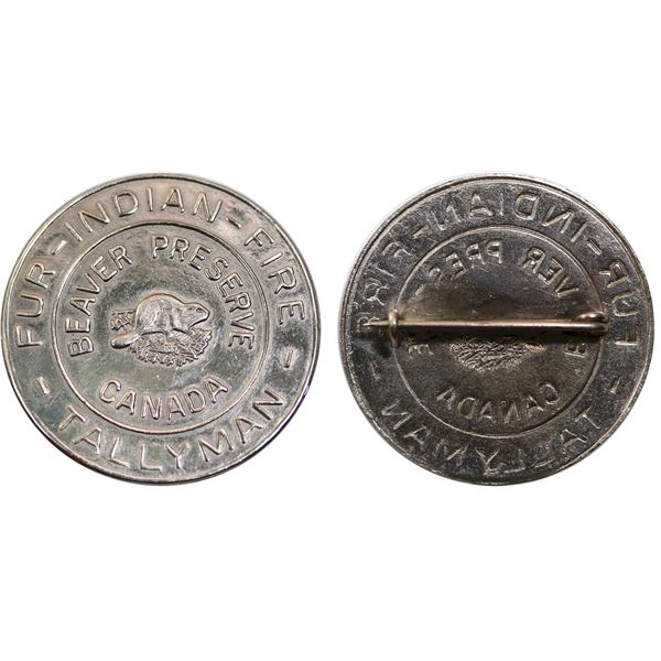 Hudson's Bay;  Beaver Preserve Canada Button ''FUR-INDIAN-FIRE-TALLYMAN''.  Aluminum badge.  See Pic