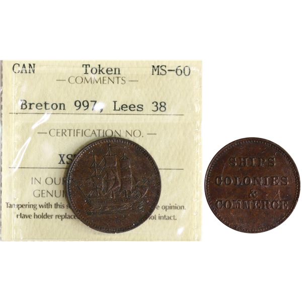 PE-10-38, Br:# 997, Ships Colonies & Commerce, Prince Edward Island token, ICCS MS60.