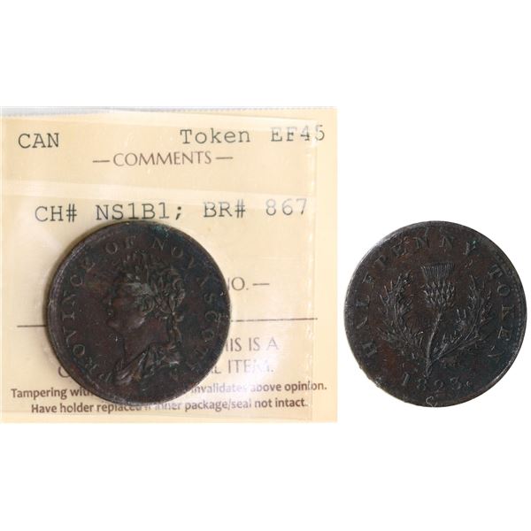 NS-1B1, Breotn 867, ICCS EF-45.  Halfpenny 1823 Nova Scotia, no hyphen, Great details on a harder ty