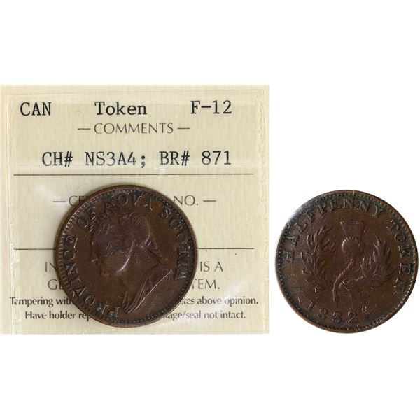 NS-3A4, Br:# 871, Clash variety of the countemporary counterfeit of 1832 Nova Scotia token, ICCS F12