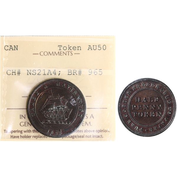 NS-21A4, Br:# 965 ICCS AU50. Halfpenny token 1813 depicting a ship, Flaw at "3" of date