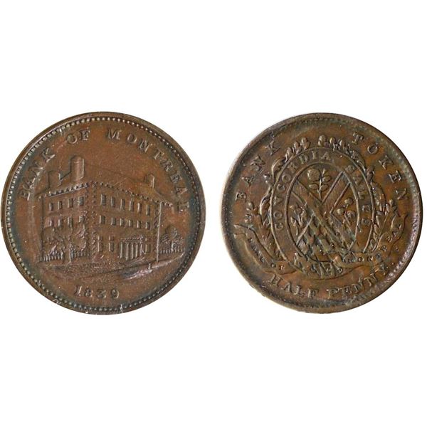 LC-10B1, Br:# 524, Side View token, 1839 halfpenny , Bank of Montreal, ICCS VF30.  Scarce and sought