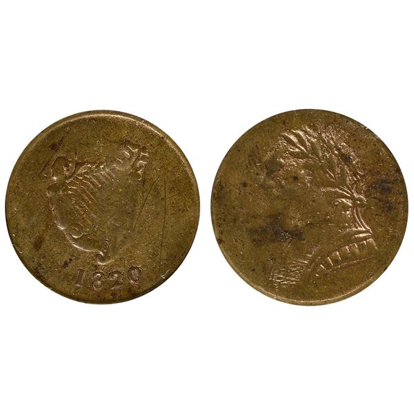 LC-60-19, Br:# 1012, Scarce Bust and Harp token dated 1820, CCCS About Uncirculated-50. Previously c