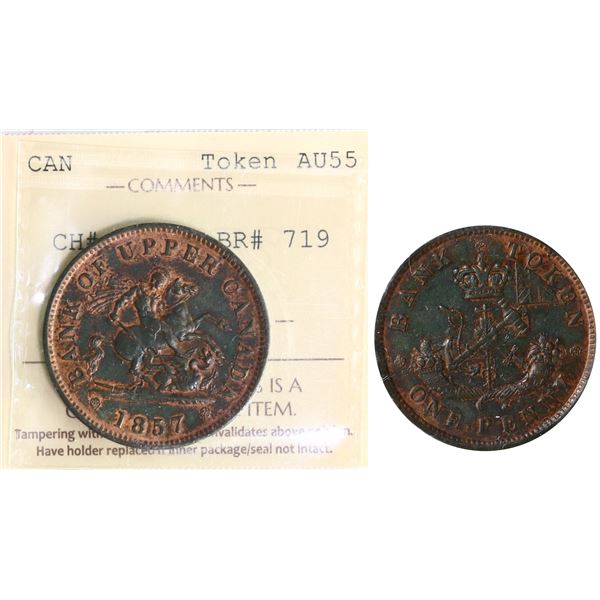PC-6D, Br:# 719, ICCS AU55 Bank of Upper Canada One Penny 1857,