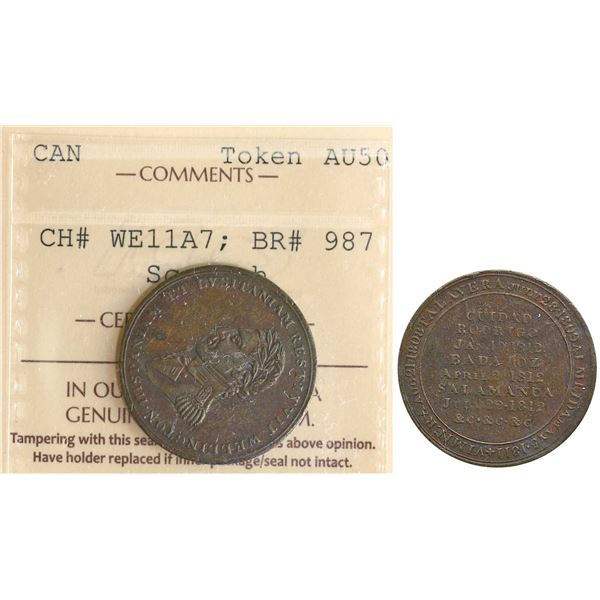 WE-11A7, Br:# 987, Rare Brass Penisular token showing Wellington, ICCS AU-50 and scratched.