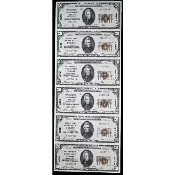 SERIAL NUMBER ONE UNCUT SHEET USA; Uncut Sheet 1929 $20 #000001A - CH#4355 - "Tyrone, Pennsylvania" 
