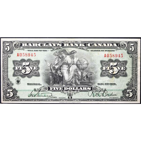 Barclays Bank of Canada 1929 $5 CH-30-10-02B #A058945  LCG LCG Choice Very Fine-30.  A superior exam