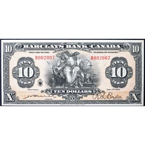 Barclays Bank of Canada 1929 $10 CH-30-10-04 #B002007  LCG Extra Fine-40. Rare "Bruce" signature.   