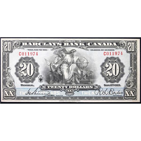 Barclays Bank of Canada 1929 $20 CH-30-10-06B #C011974  LCG Extra Fine-40.  Great example with vibra