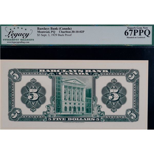 Barclays Bank of Canada;  1929 $5 CH-30-10-02BP, Legacy Currency Grading Superb Gem Uncirculated-67P