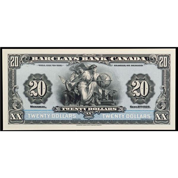 Barclays Bank of Canada;  1929 $20 CH-30-10-06P, Legacy Currency Grading Superb Gem Uncirculated-67P