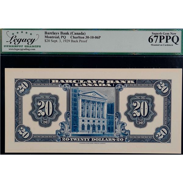 Barclays Bank of Canada;  1929 $20 CH-30-10-06BP, Legacy Currency Grading Superb Gem Uncirculated-67