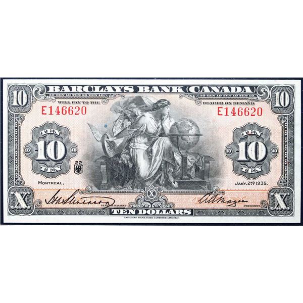 Barclays Bank of Canada 1935 $10 CH-30-12-08 #E146620  LCG Choice About Uncirculated-55PPQ.  A brigh