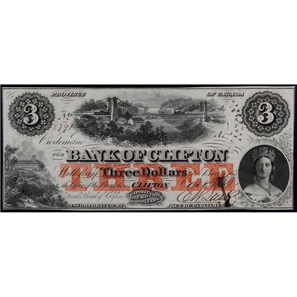 The Bank of Clifton 1859 $3 CH-125-10-04-04a #8791 LCG Choice Uncirculated-64PPQ