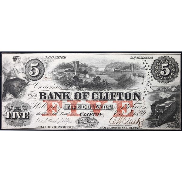 The Bank of Clifton 1859 $5 CH-125-10-04-06A #8402  LCG Choice Uncirculated-64, pinholes
