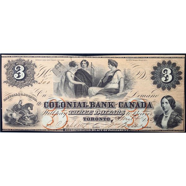 The Colonial Bank of Canada 1859 $3 CH-130-10-02-06 #334  LCG Choice About Uncirculated-55, pinholes