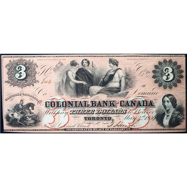 The Colonial Bank of Canada 1859 $3 CH-130-10-04-06 #300  LCG Choice Uncirculated-64PPQ