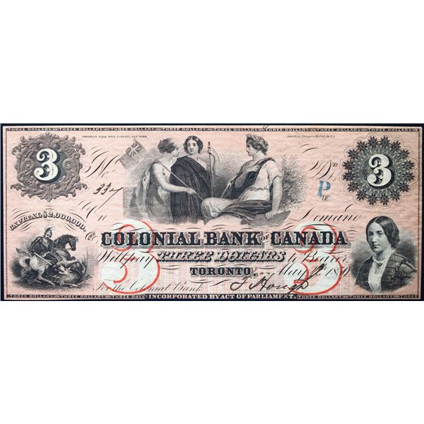 The Colonial Bank of Canada 1859 $3 CH-130-10-04-06 'P IN BLUE O/P' #846  LCG Choice About Uncircula