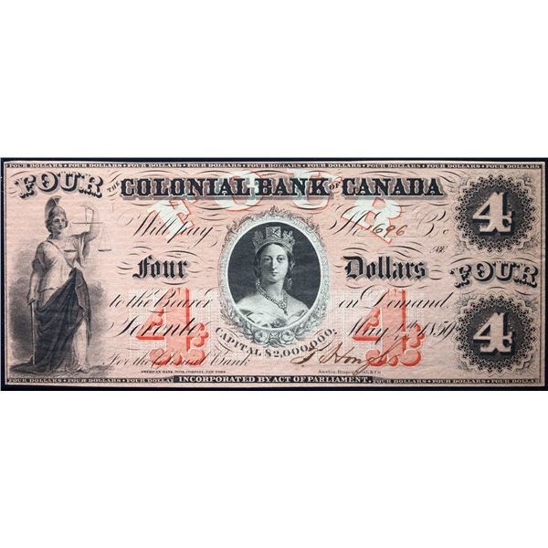 The Colonial Bank of Canada 1859 $4 CH-130-10-04-08 #696 RADAR LCG Choice About Uncirculated-58