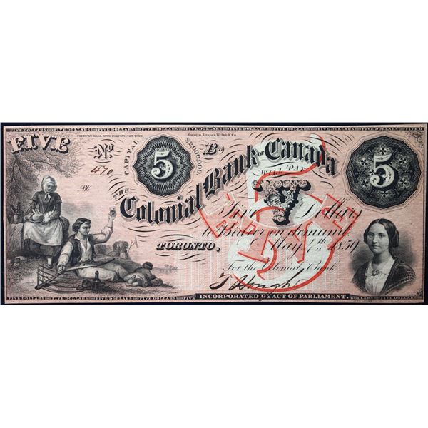 The Colonial Bank of Canada 1859 $5 CH-130-10-04-10 #470  LCG Choice Uncirculated-64