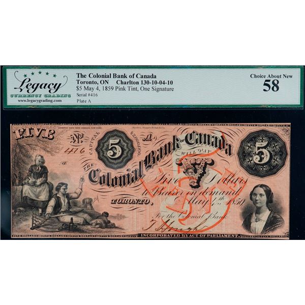 The Colonial Bank of Canada 1859 $5  CH-130-10-04-10 #416 LCG Choice About Uncirculated-58