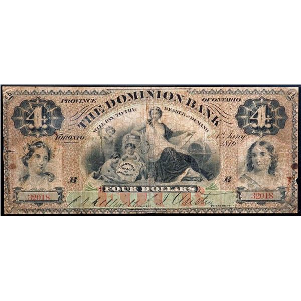 The Dominion Bank of Canada 1876 $4 #32018 CH-220-12-02, PMG Very Good-10. Tape repairs.  A scarce a