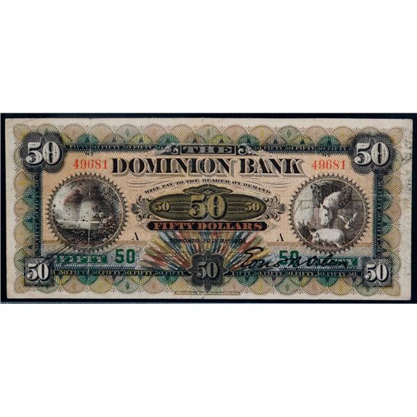 The Dominion Bank 1901 $50 #49681 CH-220-22-02, Legacy Currency Grading Choice Very Fine-25 w/small 