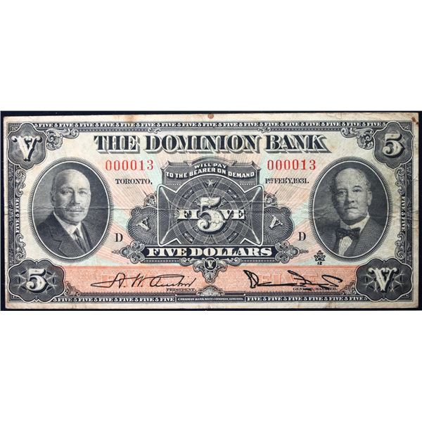 The Dominion Bank 1931 $5 CH-220-24-02 #000013 Low Number LCG Very Fine-20, minor rust stain.