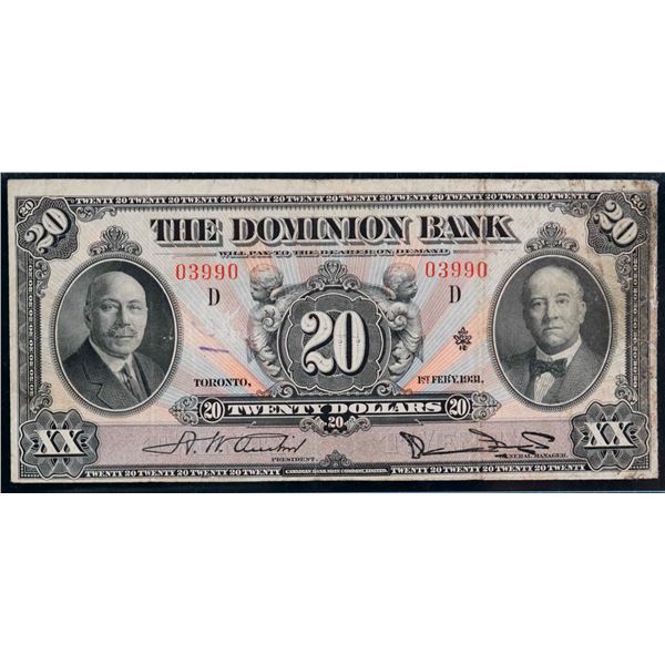 The Dominion Bank 1931 $20 #03990 CH-220-24-10 LCG Very Fine-20, minor writing.