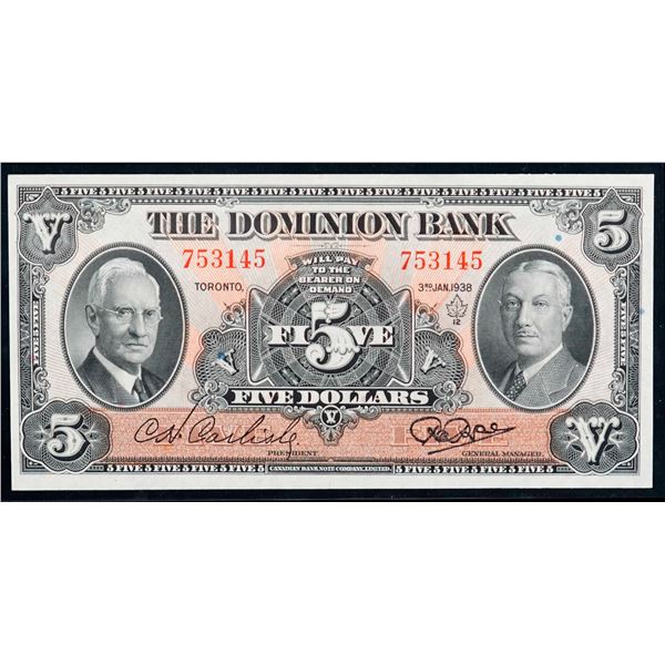 The Dominion Bank 1938 $5 #753145 CH-220-28-02 CCCS Choice Uncirculated-62