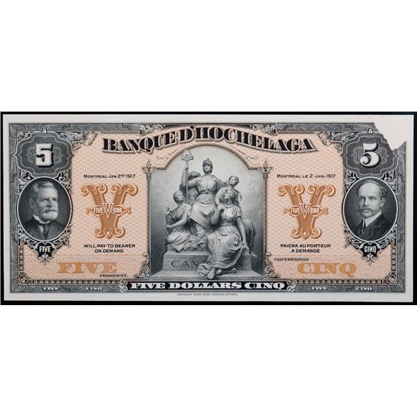 La Banque d'Hochelaga; 1917 $5 CH-360-24-02aP1, PMG Choice About Uncirculated-55.  Corner missing.